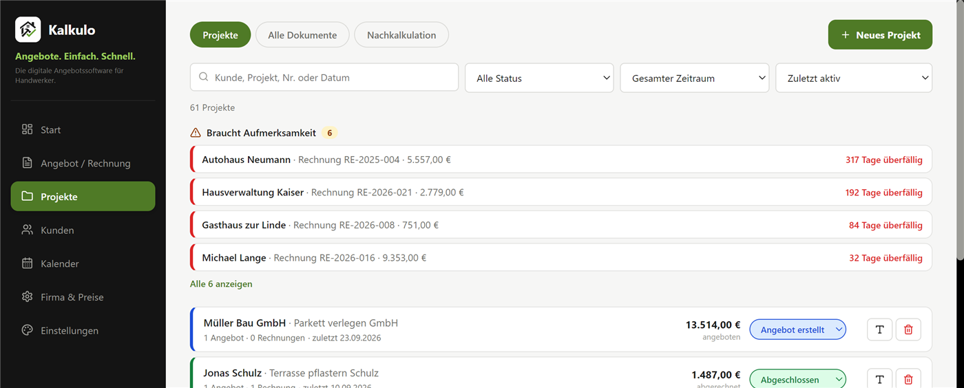Kalkulo App - Projektübersicht mit Angeboten und Rechnungen
